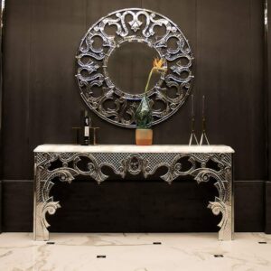 Quality Glass Venetian Mirror with Console Mirror Set for Living Room Size of Console 54"x32"x18" Inches Size of Mirror M 36"x36" Inches Color Silver CCT 1