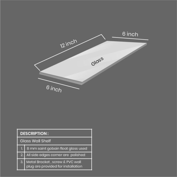 Quality Glass Multi Purpose Glass Shelves Wall Mount Shelf for Bathroom Bedroom Living Room Office and Kitchen Brass Finish Transparent Dimension: 6" L x 12" W Inches Pack of 1 WS 002 - Image 2
