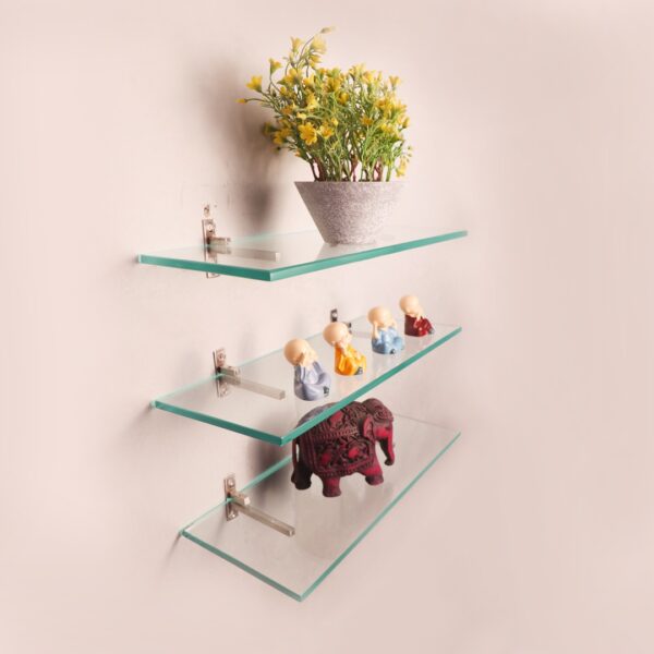 MAISSON Multi Purpose Glass Shelves Wall Mount Shelf for Bathroom Bedroom Living Room Office and Kitchen Brass Finish Transparent Dimension: 6" L x 15" H Inches Pack of 3 WS 010 - Image 2