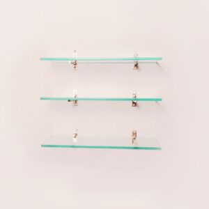 MAISSON Multi Purpose Glass Shelves Wall Mount Shelf for Bathroom Bedroom Living Room Office and Kitchen Brass Finish Transparent Dimension: 6" L x 15" H Inches Pack of 3 WS 010