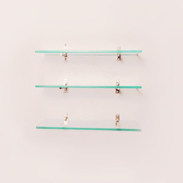 MAISSON Multi Purpose Glass Shelves Wall Mount Shelf for Bathroom Bedroom Living Room Office and Kitchen Brass Finish Transparent Dimension: 6" L x 15" H Inches Pack of 3 WS 010