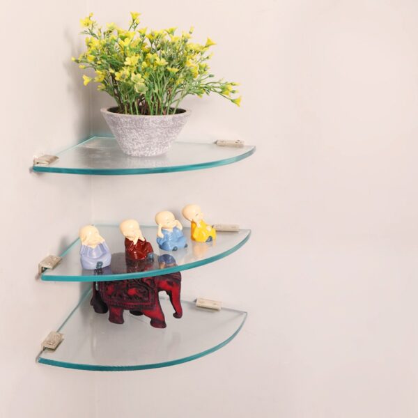 Quality Glass Multi-Purpose Glass Shelves Wall Mount Shelf for Bathroom Bedroom Living Room Office and Kitchen Brass Finish Transparent Dimension: 9" L x 9" H Inches Pack of 3 WS 016 - Image 2